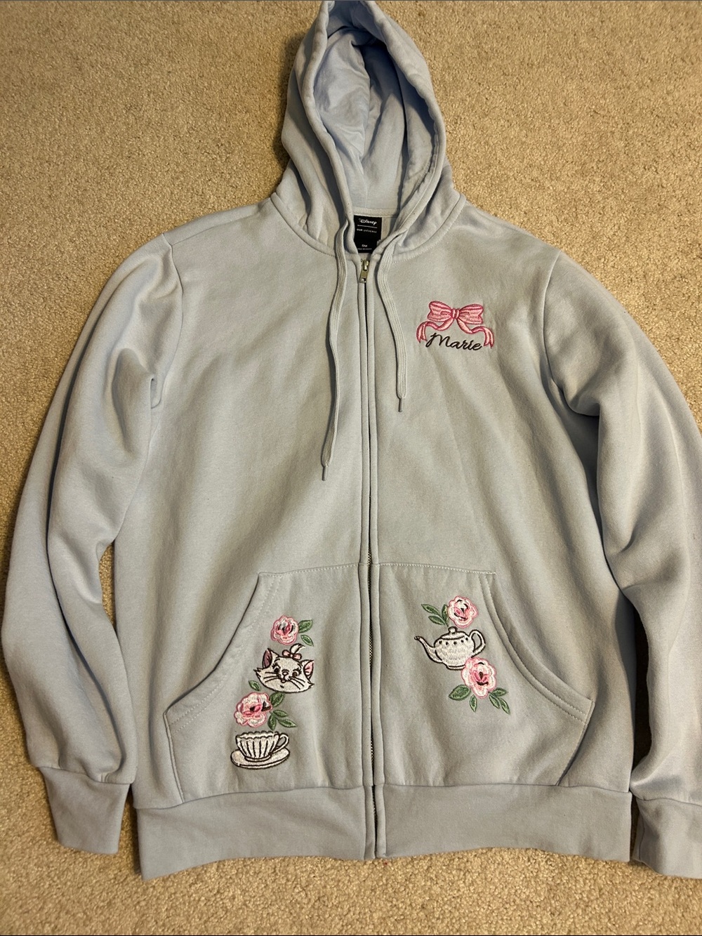 Disney Light Blue Embroidered Zip-Up Hoodie with Floral Tea Time Motifs - Picture 3 of 7